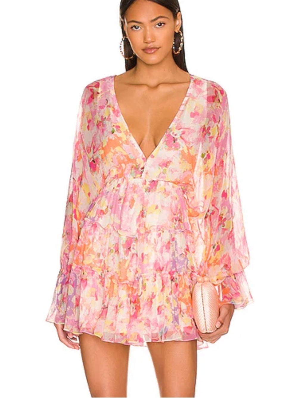 Hemant and Nandita Miyu Mini Dress Pink Floral Multicolor Boho Tie-Front Dress L